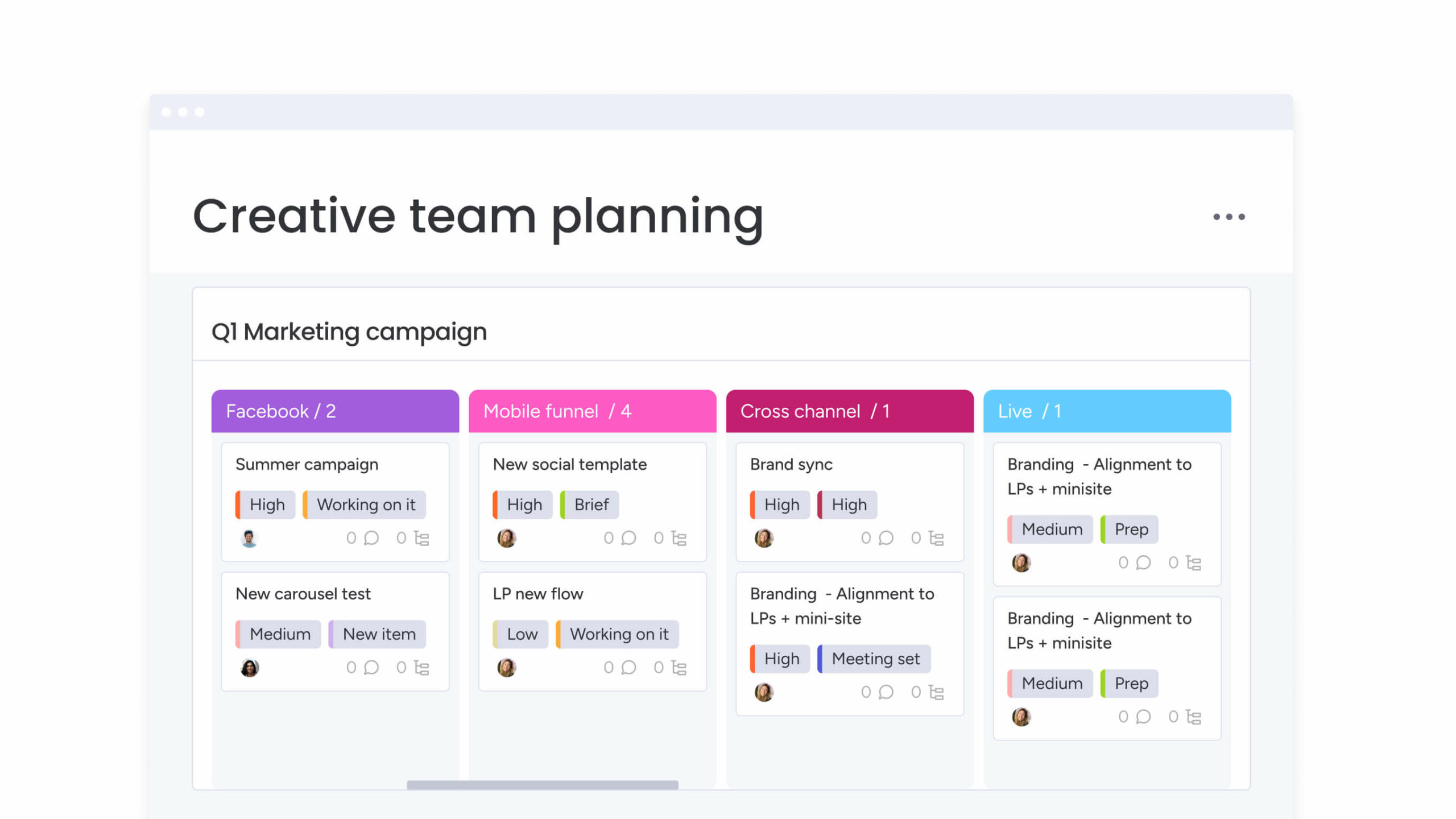 A screenshot of a creative team planning Kanban board in monday work management. Credits: monday.com