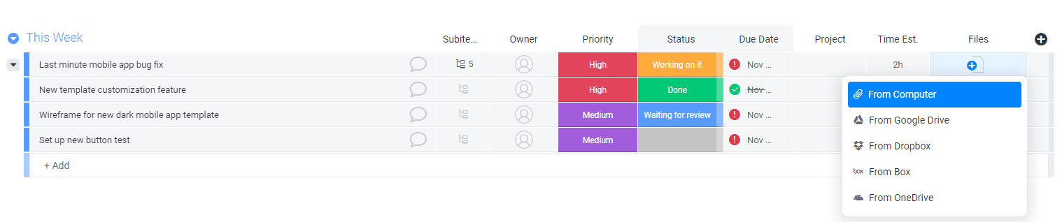 Screenshot of adding files to task boards in monday UI.