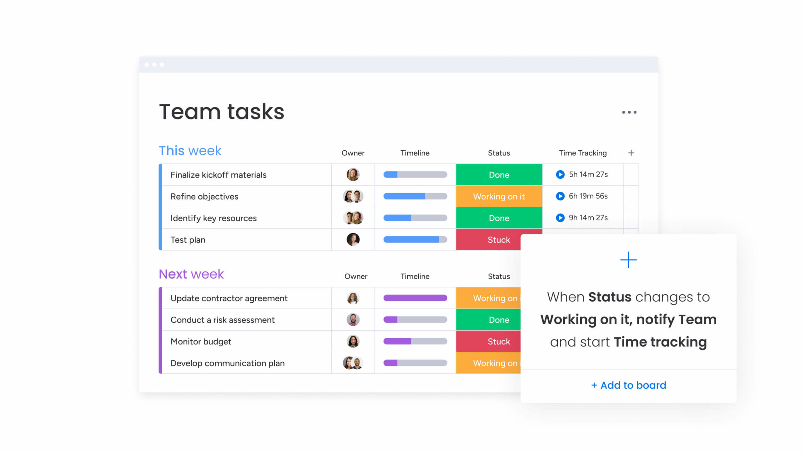 A screenshot illustrating how automations work in a Team Tasks board in monday work management.