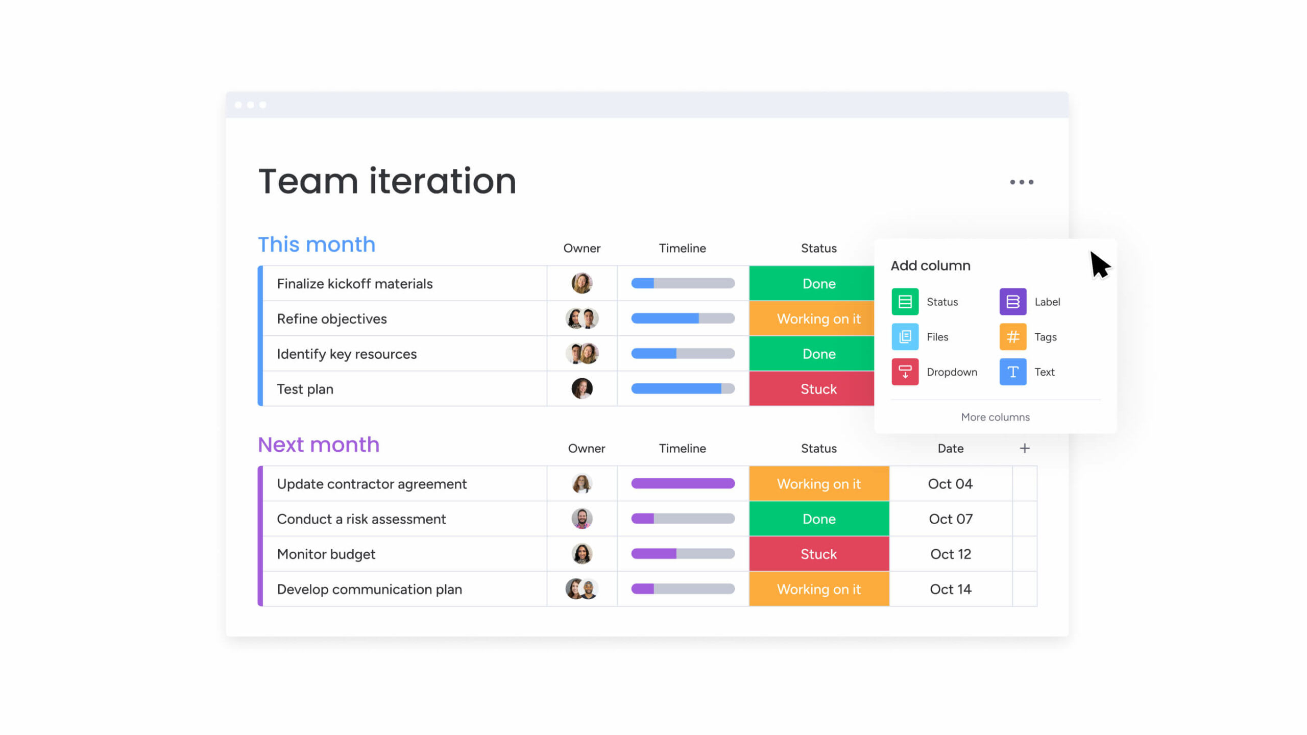 A screenshot of team iterations in monday work management.