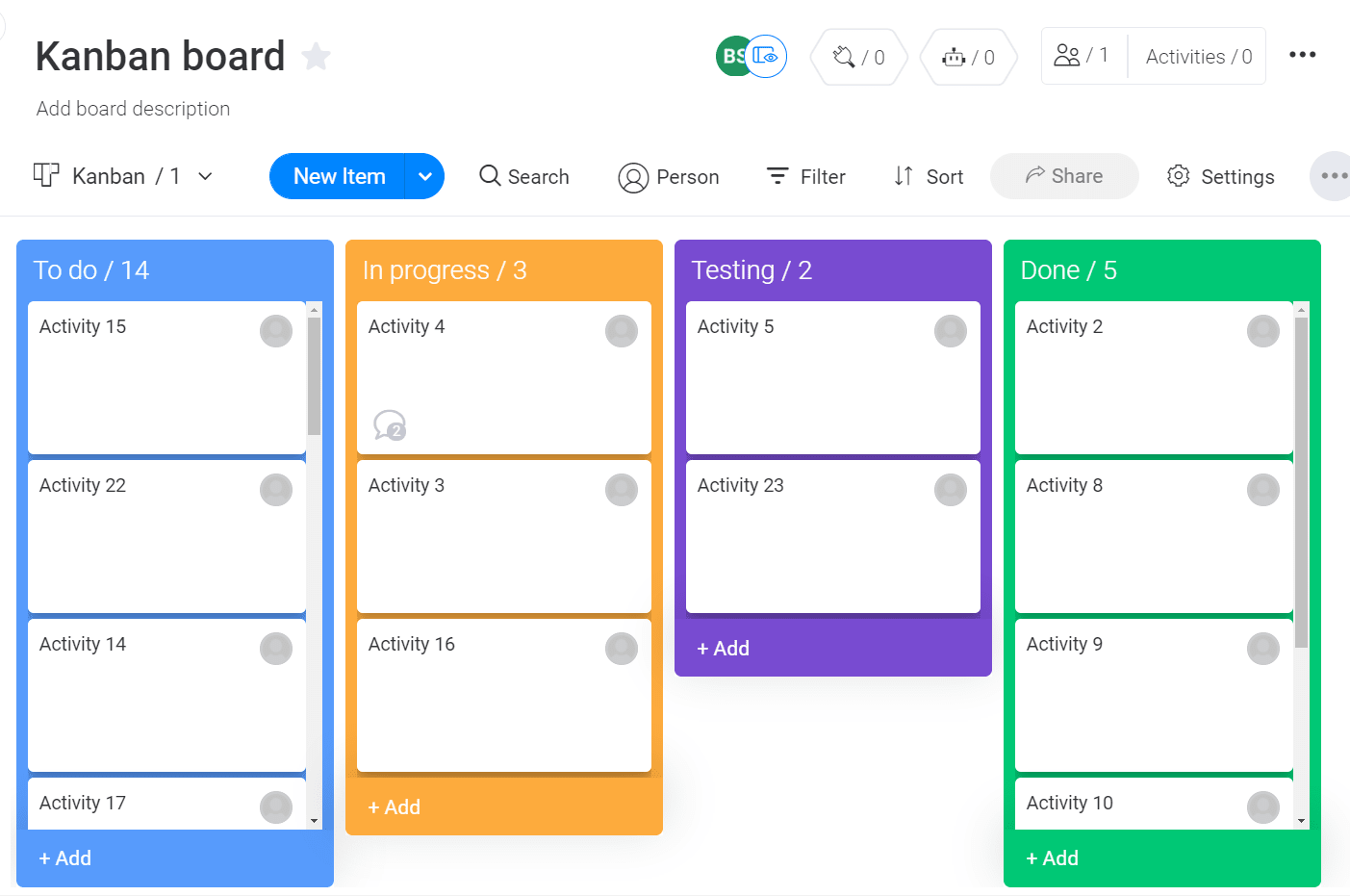 Screenshot of Kanban board template in use in monday UI.