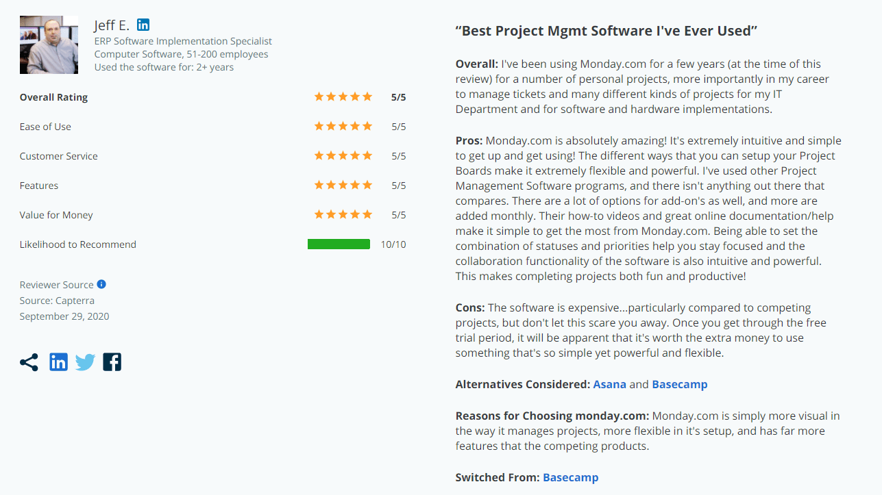 Screenshot of real monday review.