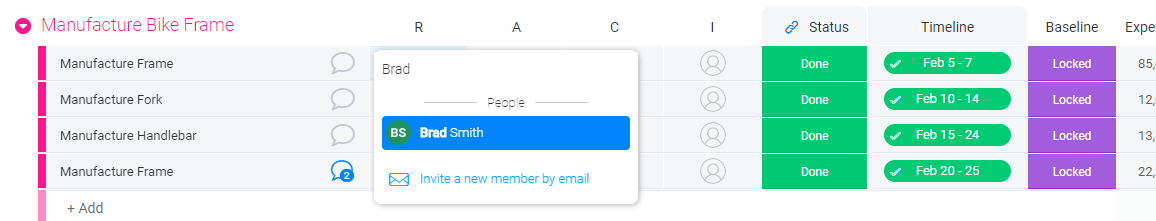 Screenshot of assigning a task owner in monday UI.