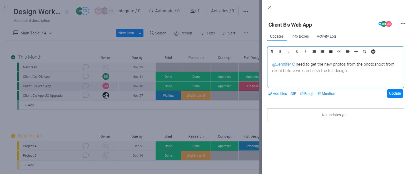 Screenshot of comments on a task in the monday UI.