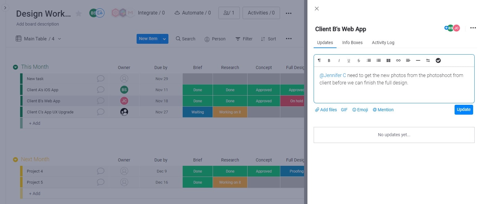 Screenshot of task comments in monday UI.