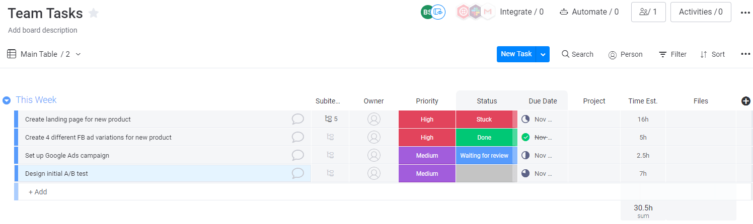 Screenshot of a team tasks board in monday UI.