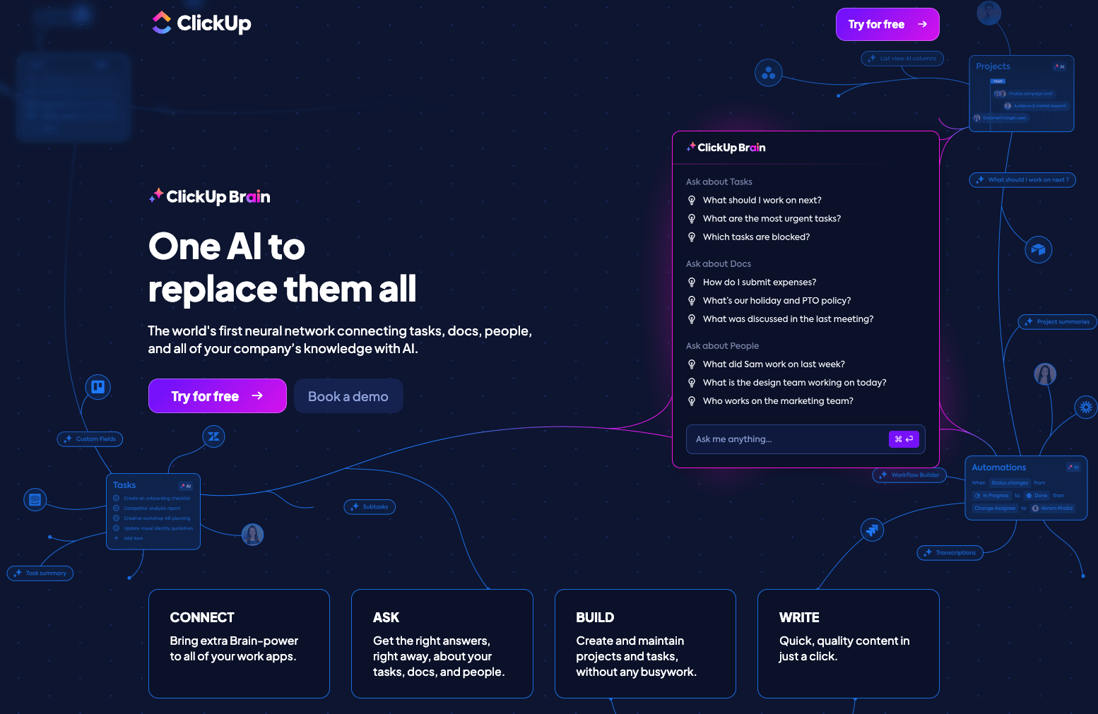 ClickUp homepage for AI features