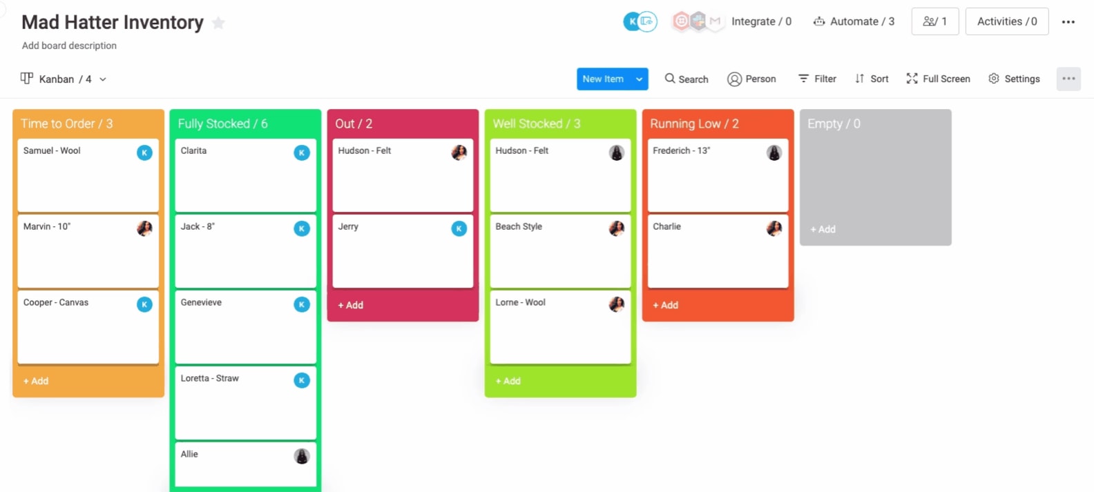 Kanban board for inventory management on monday.com