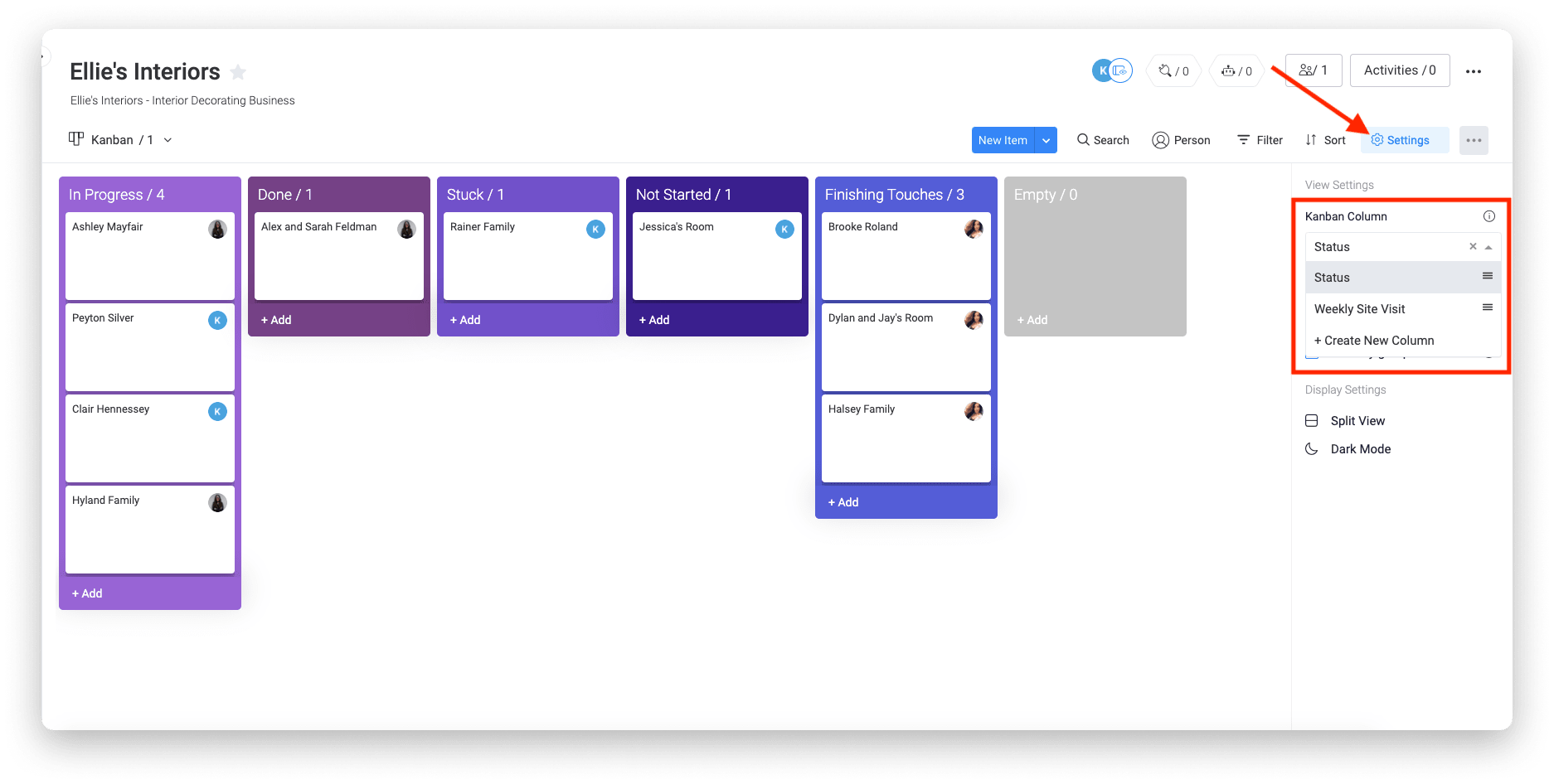 Kanban view on monday.com