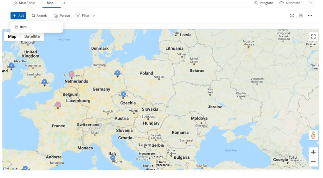 A screenshot of the map view function in monday.com which you can use as part of your resource management planning.
