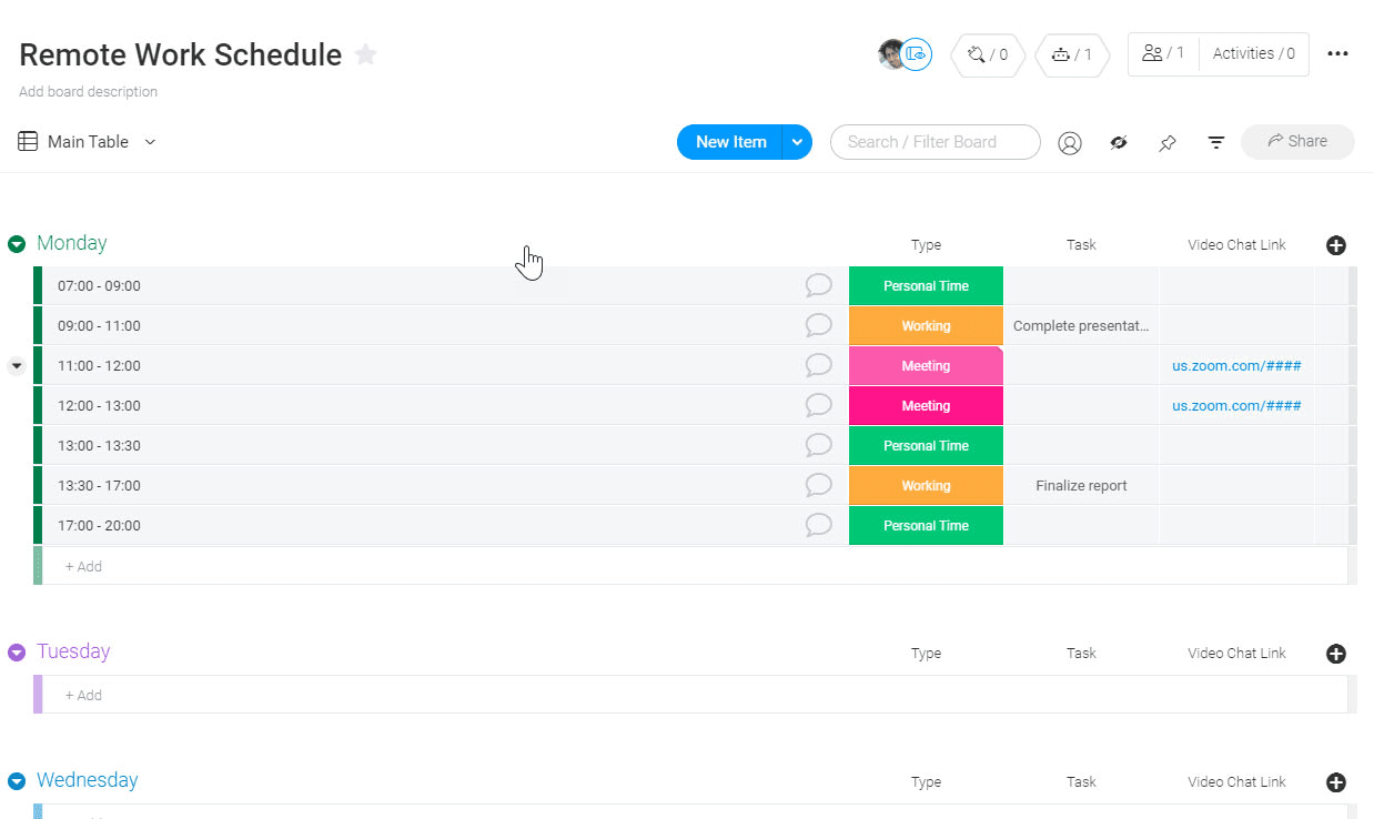 monday.com remote work schedule template