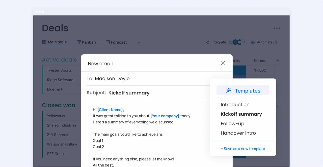 AI template with personalization to write an automated email in monday customer relationship management.