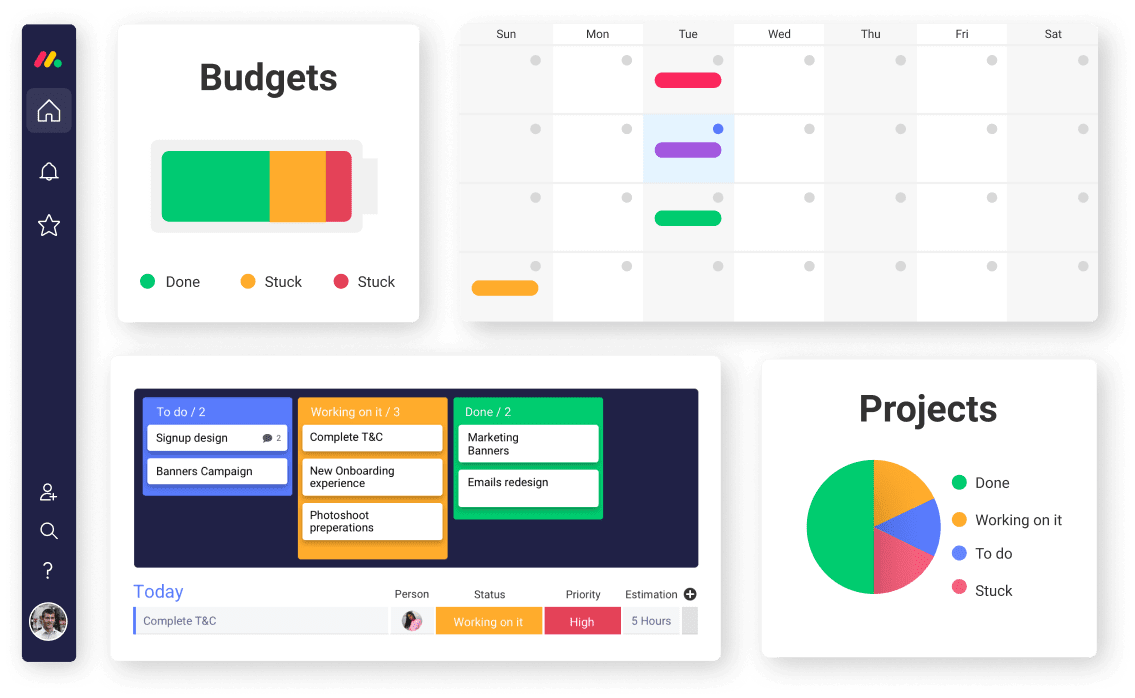 monday.com dashboards with widgets showing project status, board views, and more.