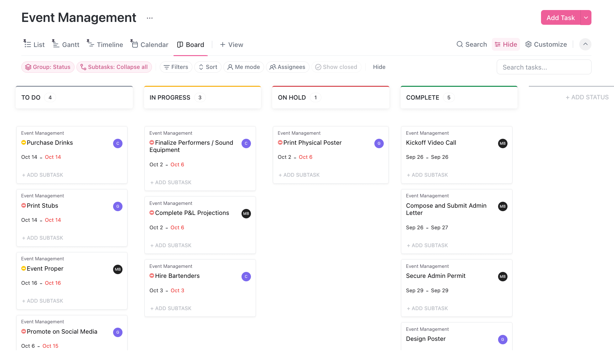 An example of a ClickUp board in Event Management.