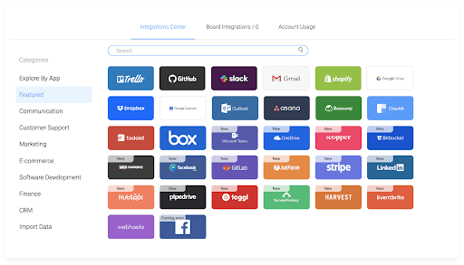 A screenshot of monday.com's Integrations Center which can be used in Agile project management to create efficient workflows.