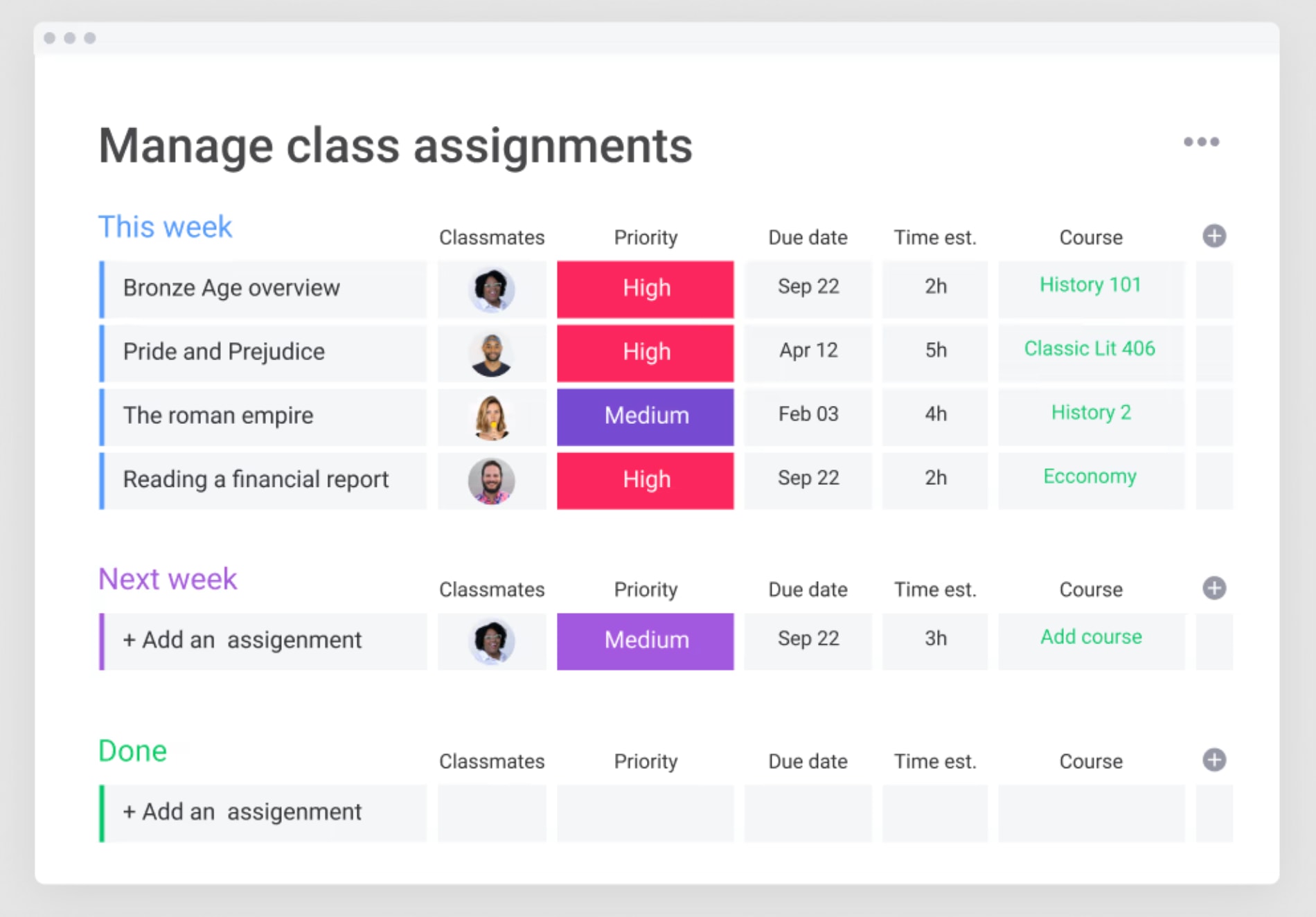 class schedule template monday