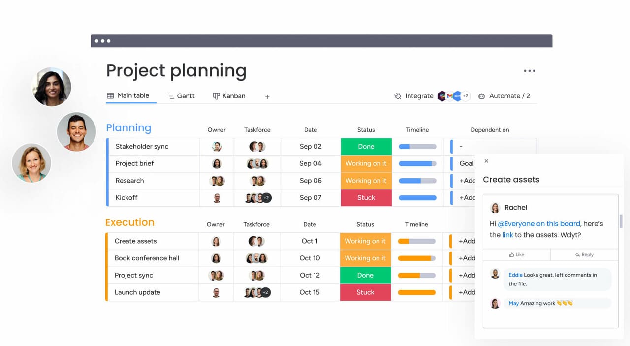 An image of an organized plan template in monday.com