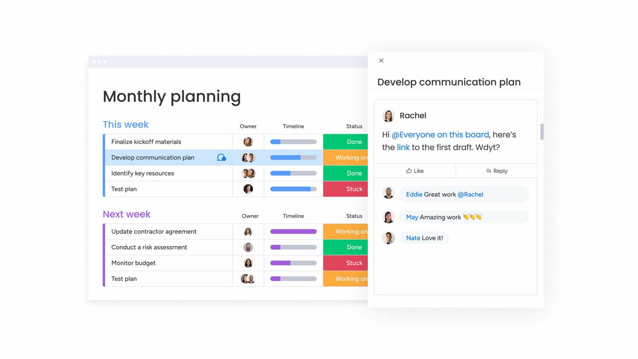Example of collaboration through live note updates available in the monday.com project plan template