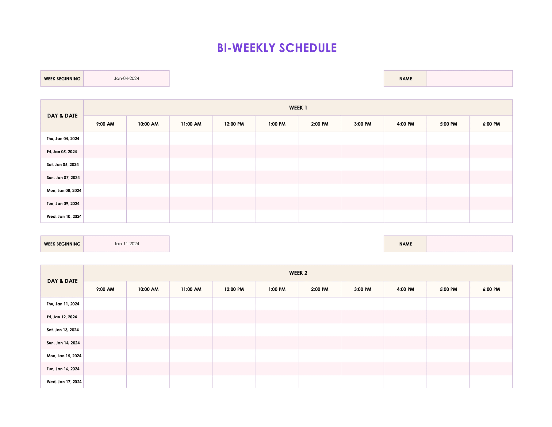biweekly schedule template