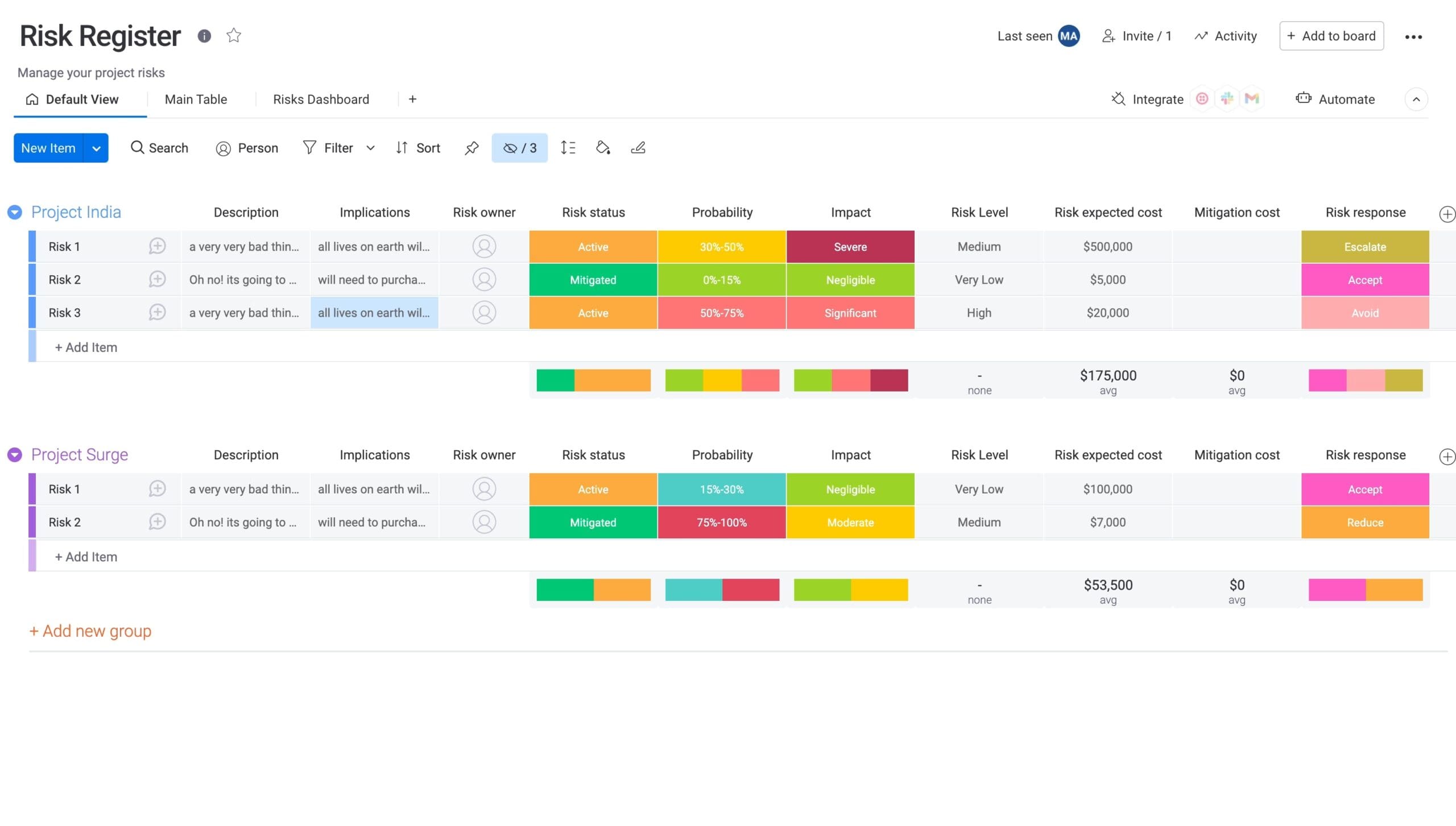 Screenshot of a customizable risk register template as an example of a project plan template in monday.com