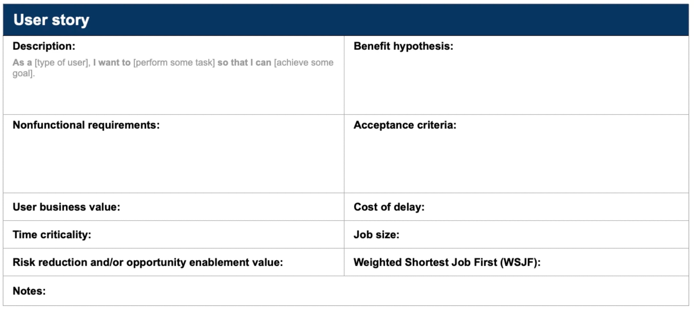 SAFe® user story template