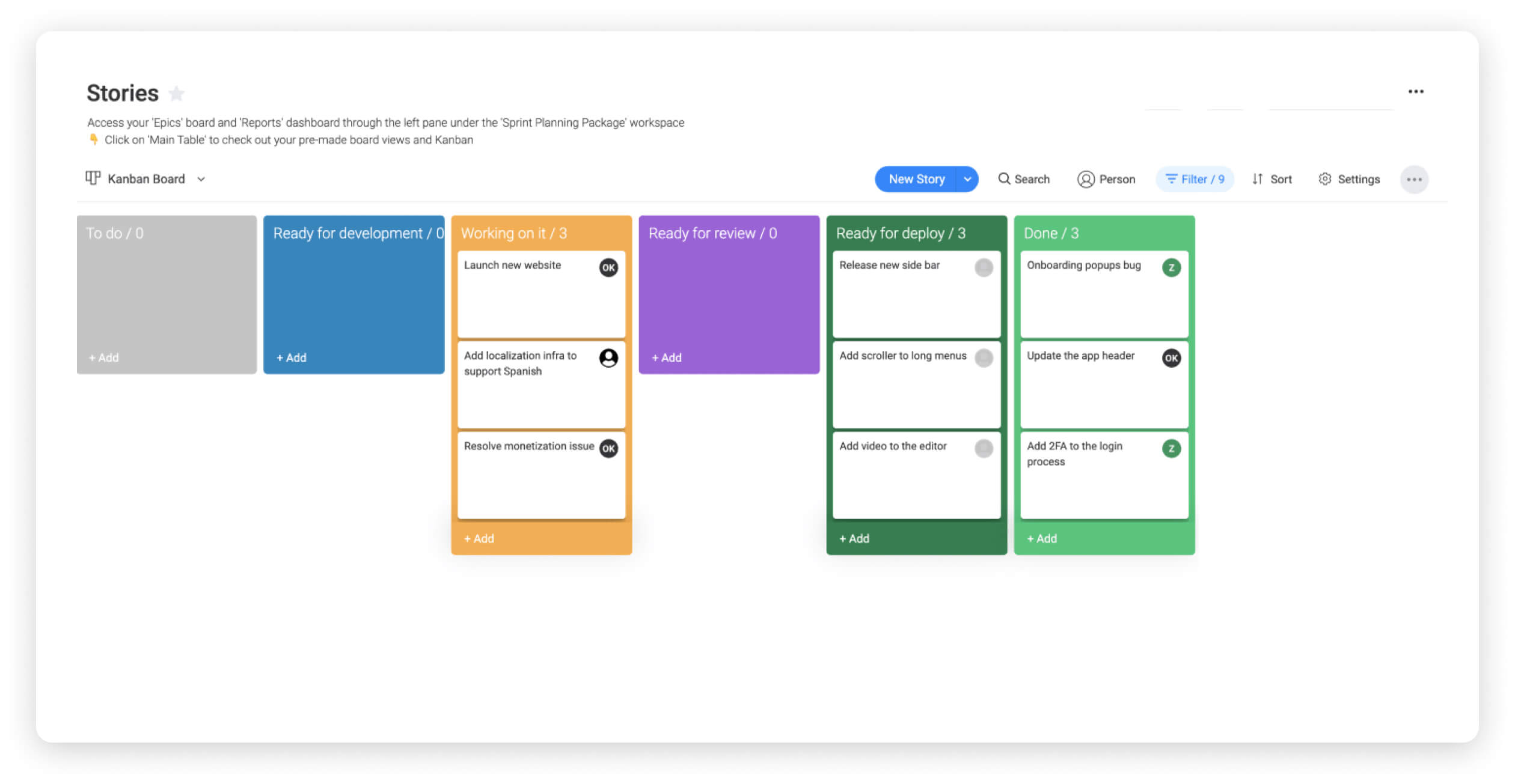 monday dev user stories board