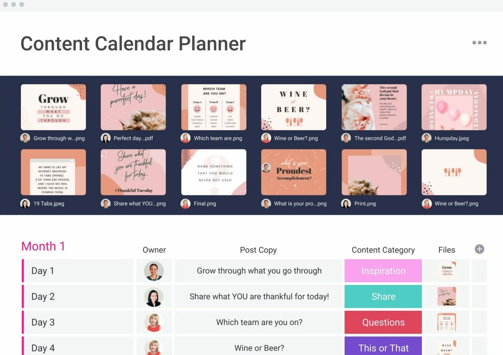 As part of a social CRM, this image depicts a monday.com content calendar planner template. It shows a board where social media copy and assets are planned for each day of a month.