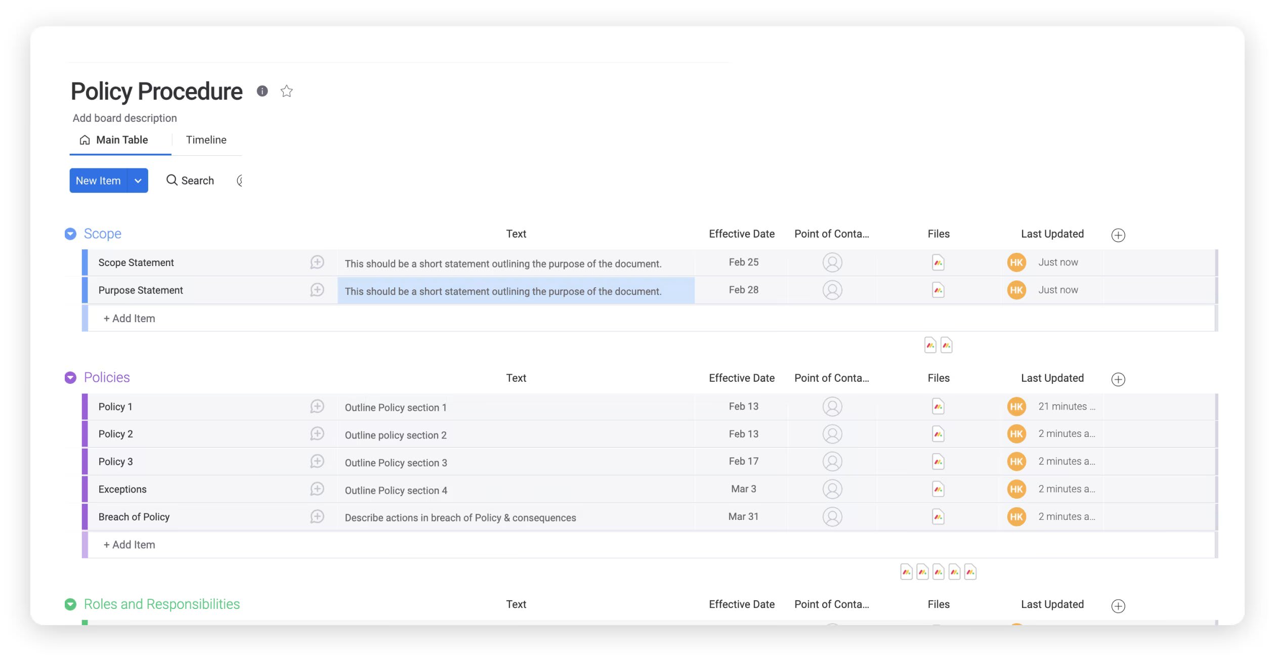 An example of monday.com's Policy Procedure Template.