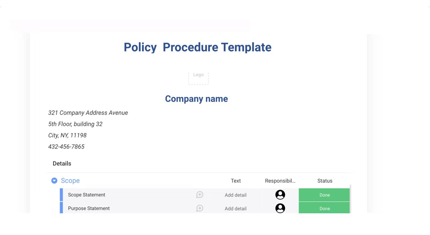 A image of monday.com's policy procedure template, ideal for creating an standard operating procedure (SOP) template.