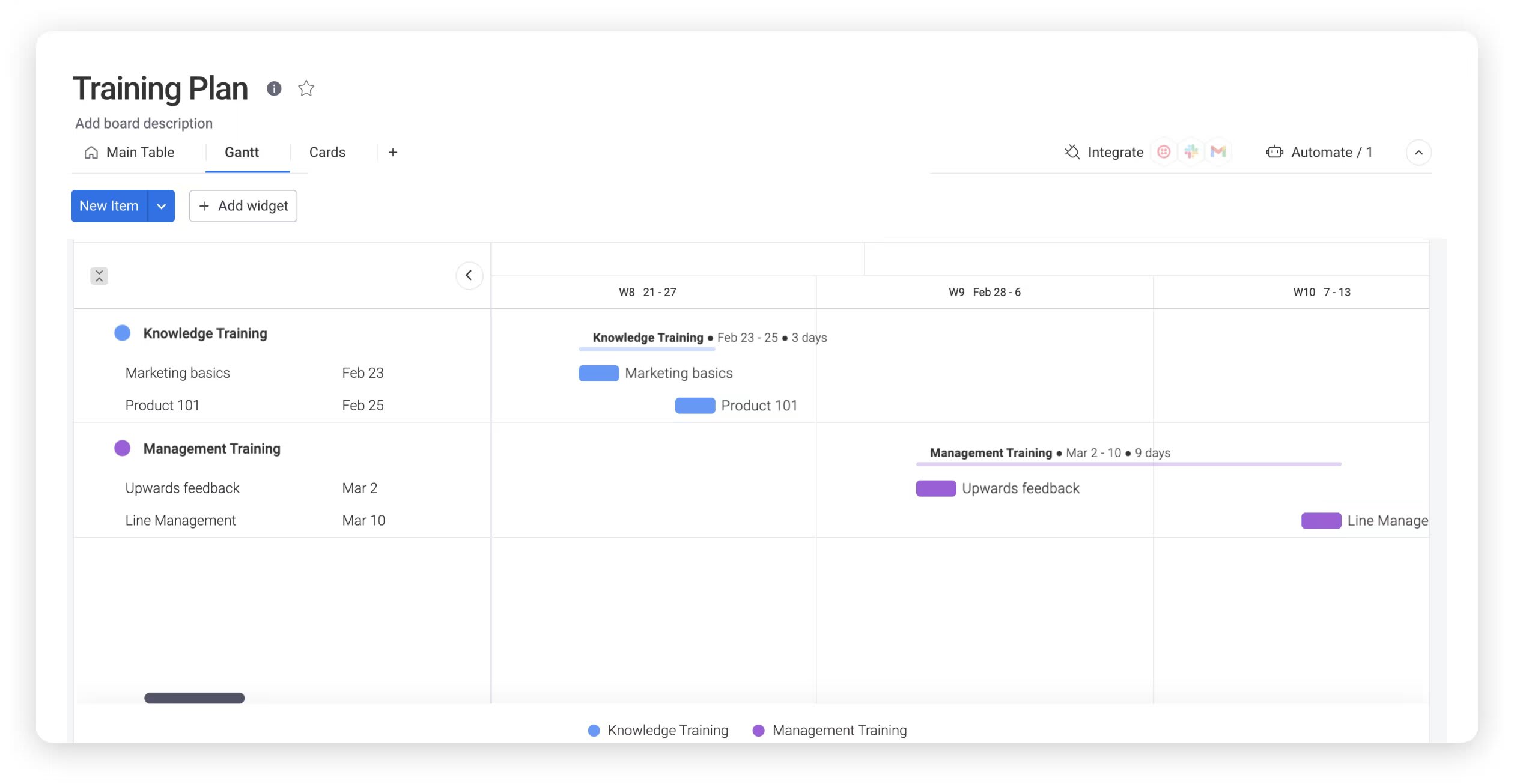 An example of monday.com's training plan template.