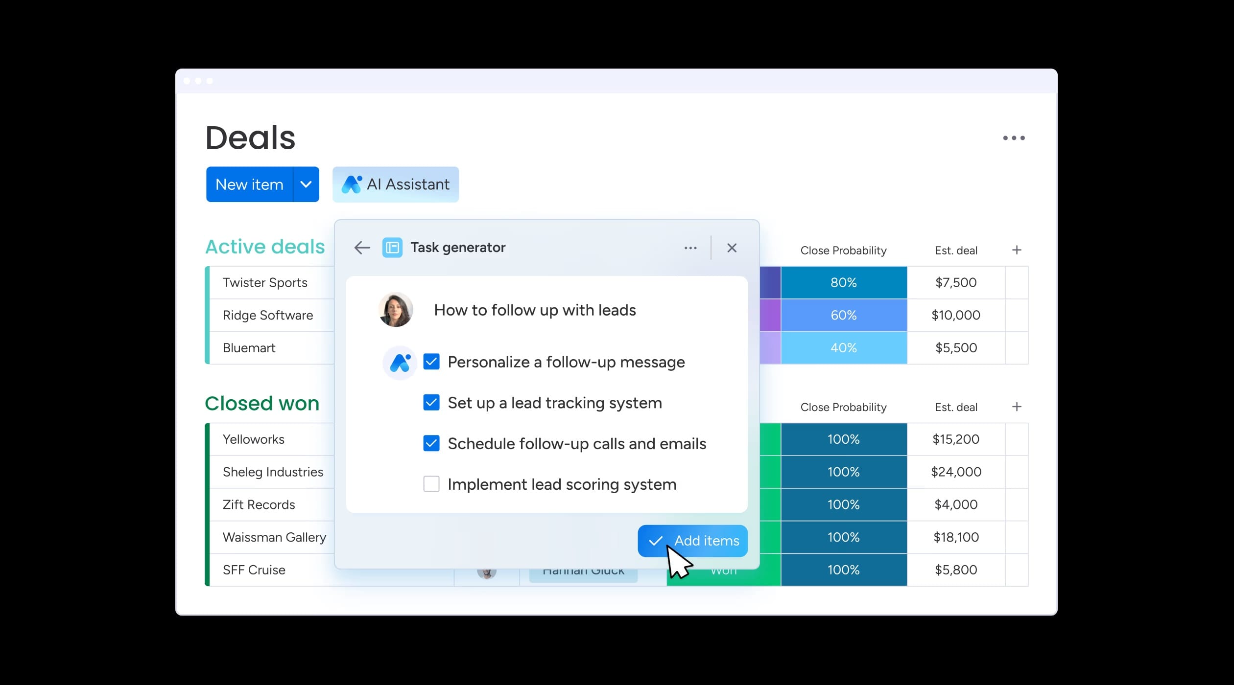 AI powered task generation CRM automation in monday CRM