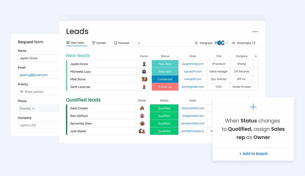 crm automations in monday crm to automate the lead process in a board.