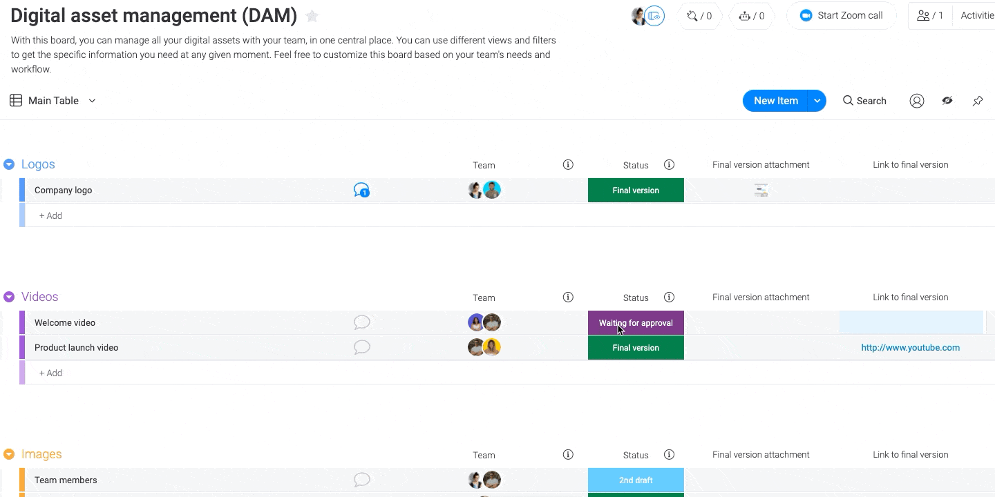 monday.com's digital asset management template