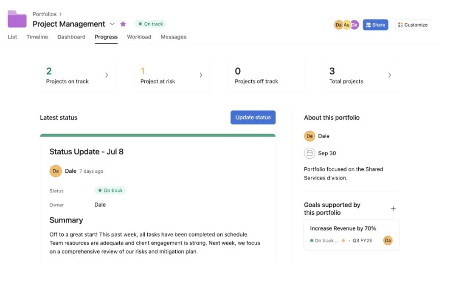 Geração de relatórios na Asana