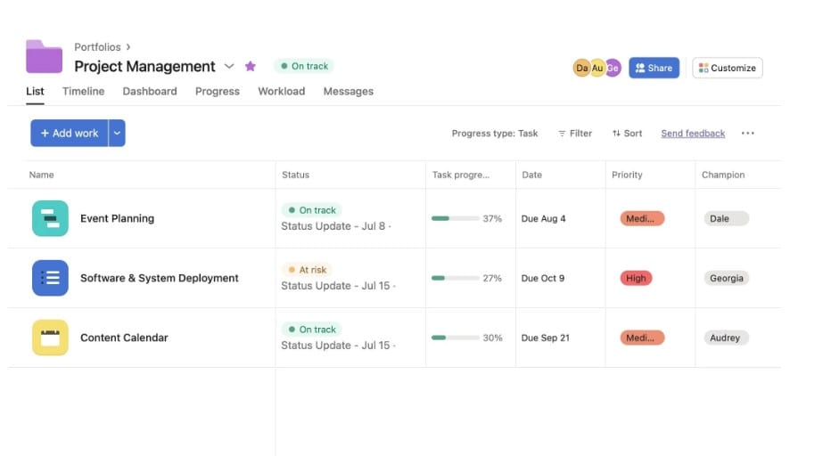 Gestão de portfólio na Asana