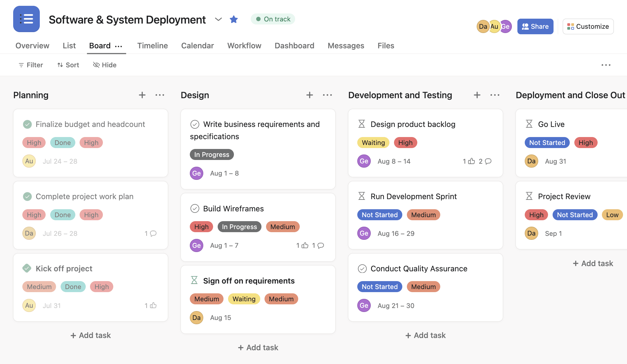 Asana board view with columns