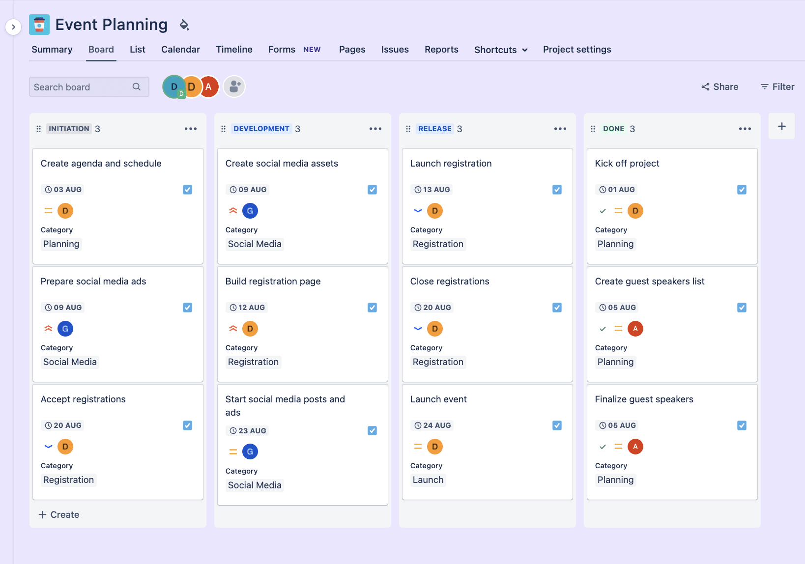 Jira board view with columns