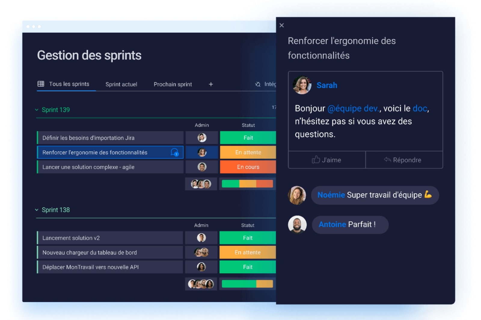 Exemple de collaboration sur la gestion des sprints avec monday work management