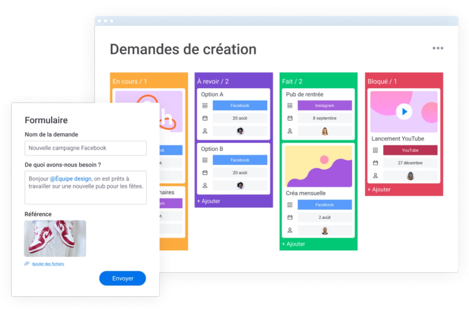 Exemple de tableau kanban d'équipe créative avec monday work management