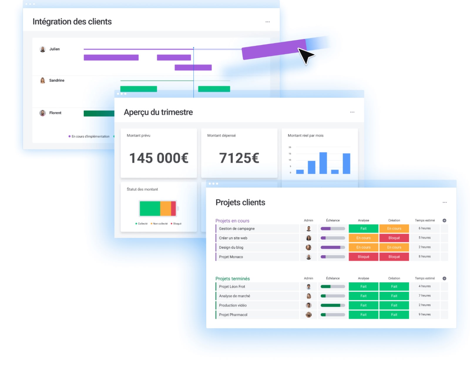 Tableau de bord d'aperçu des projets clients avec monday.com