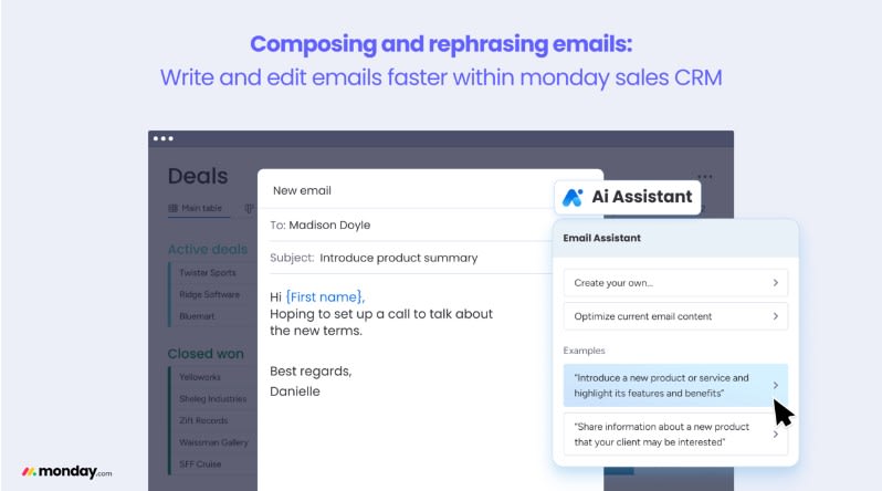 An image of monday AI assistant and how it supports sales teams in generating emails.