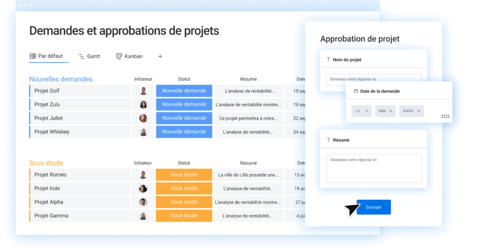 Exemple de tableau de demandes et approbations de projet avec monday work management