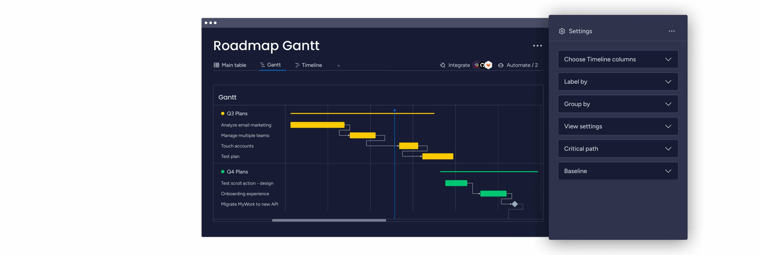 An example of a roadmap template in monday dev.