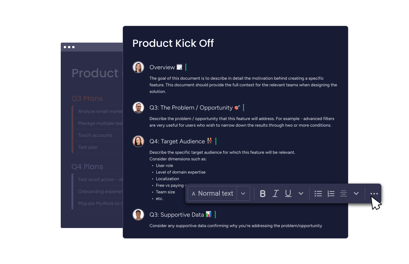 With monday dev, you can prevent unnecessary emails and meetings by providing feedback directly on relevant items without toggling between tools. Assign appropriate tasks to team members, add comments to board items, or share collective knowledge in monday docs.