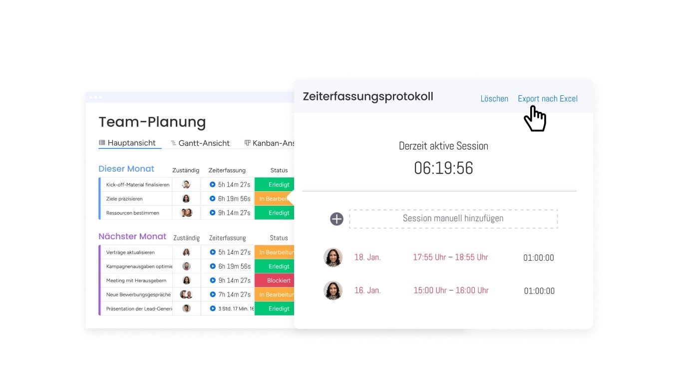 Ein Screenshot von monday.com für die Teamplanung und Zeiterfassung mit Aufgaben für den aktuellen und nächsten Monat, Angaben zur verantwortlichen Person, aufgewendeter Zeit, Status und einer Option zum Exportieren nach Excel.