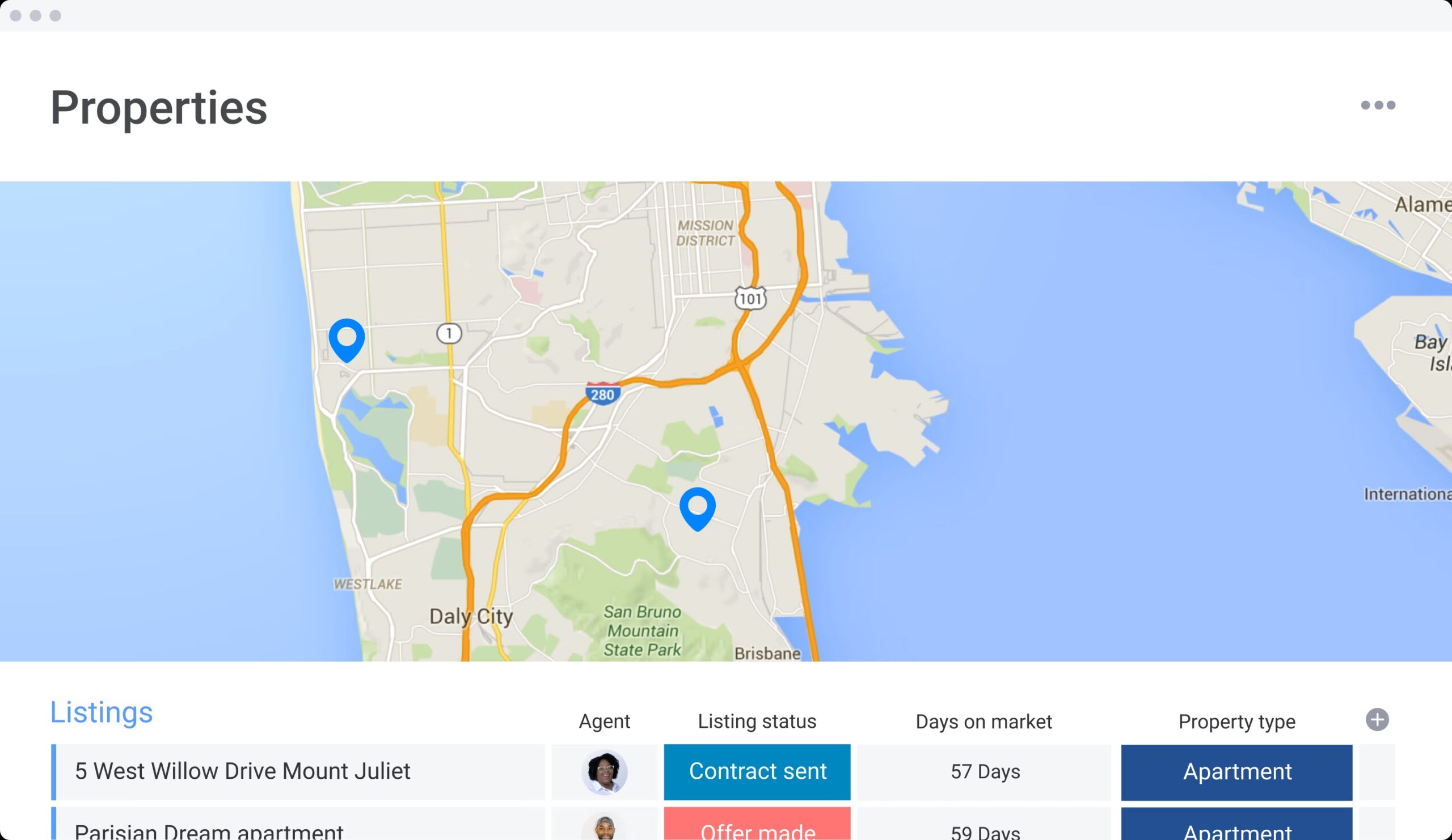 real estate properties map view in monday sales crm