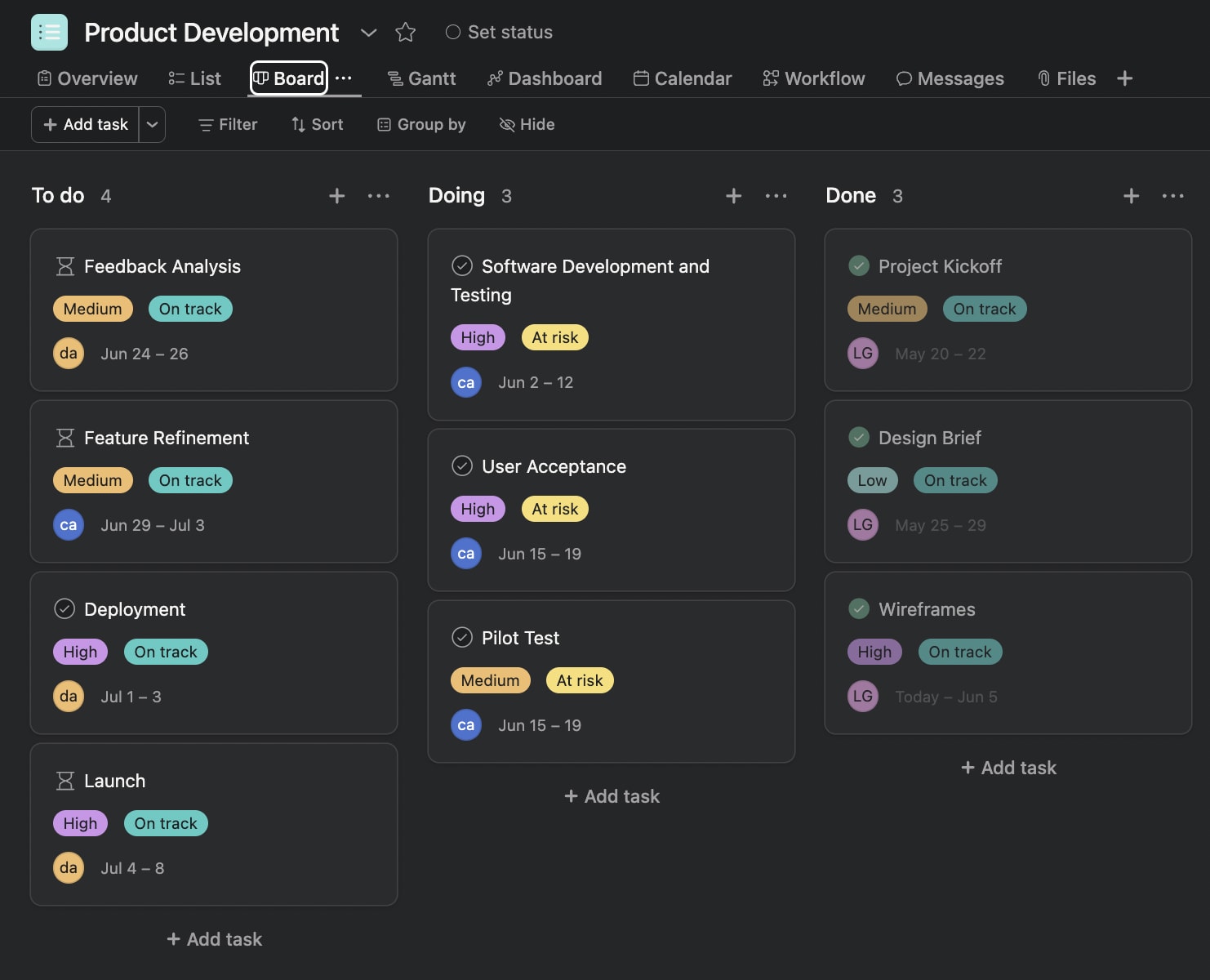 asana product development board image