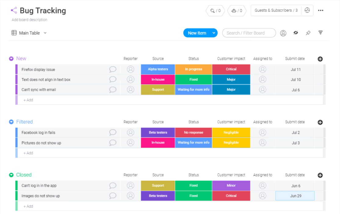 bug tracking template in monday dev