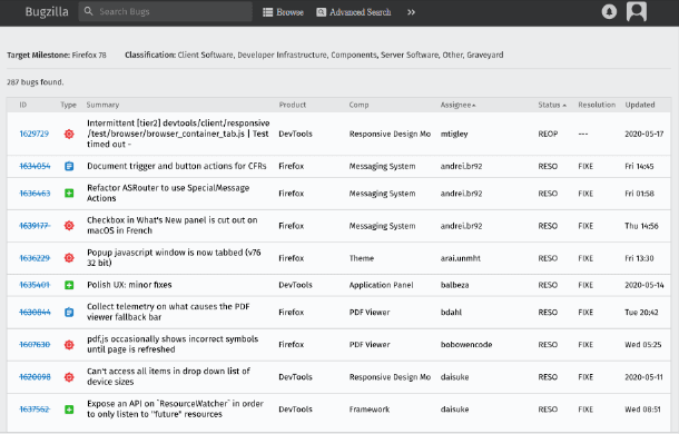 screenshot of bugzilla interface