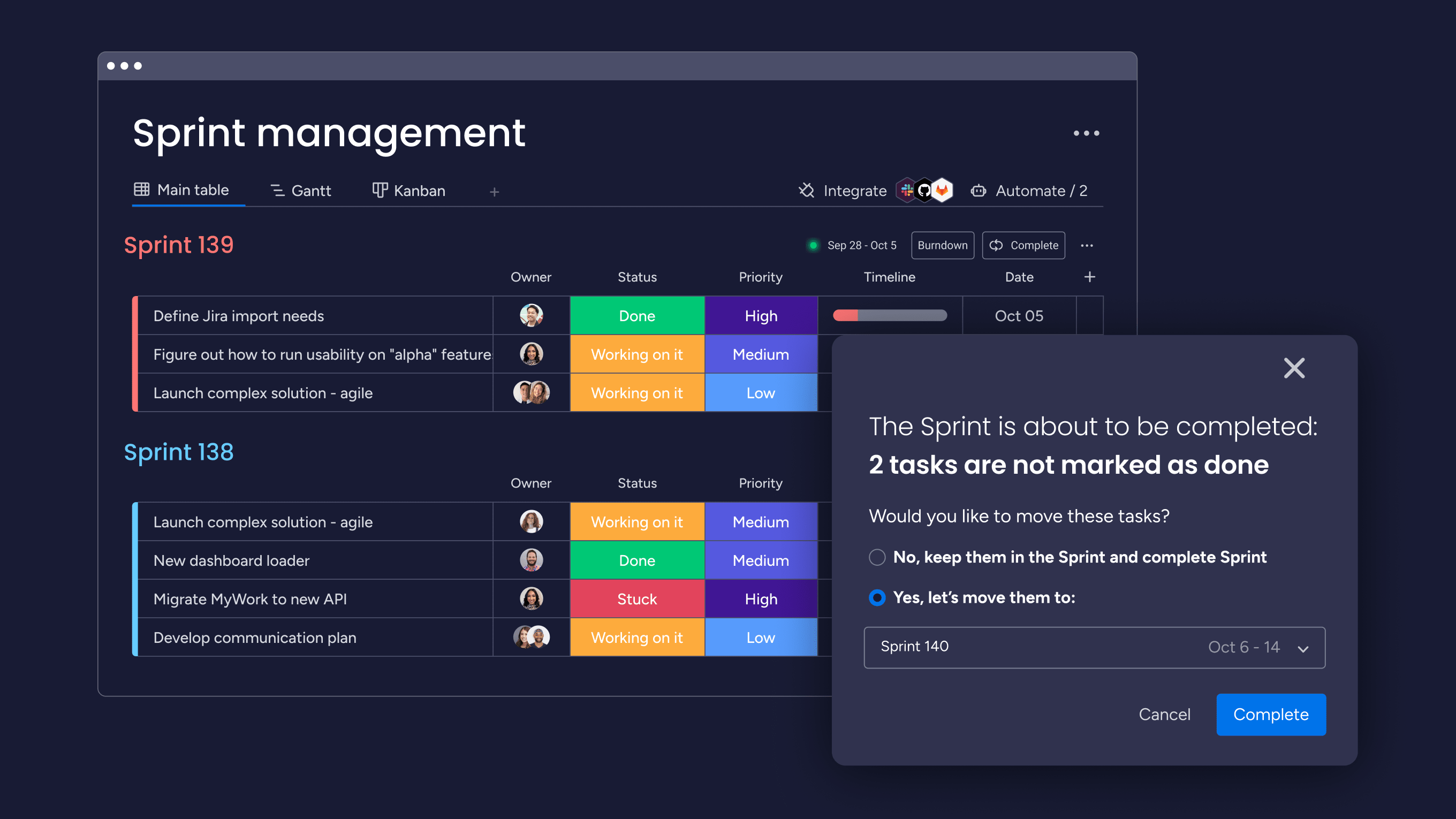 From sprint planning and daily stand-ups to retrospective and sprint review meetings, manage the lifecycle of your sprints directly on monday dev.